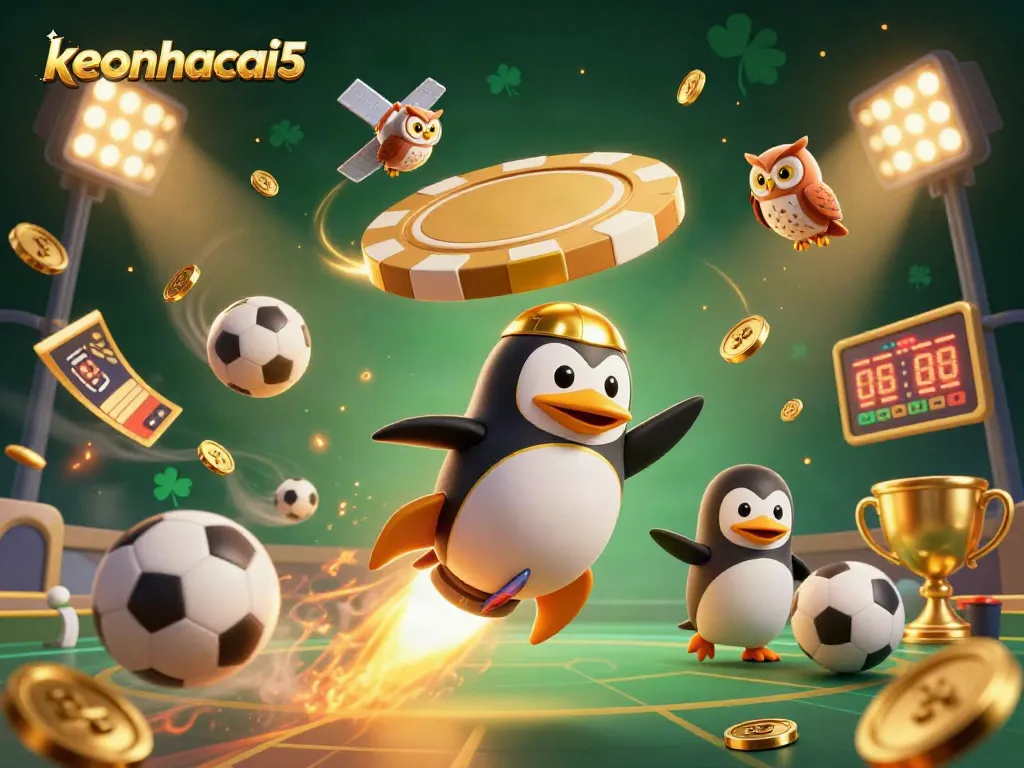 Bet on keonhacai5 with a 3D penguin flying to a casino space station, filled with sports elements.