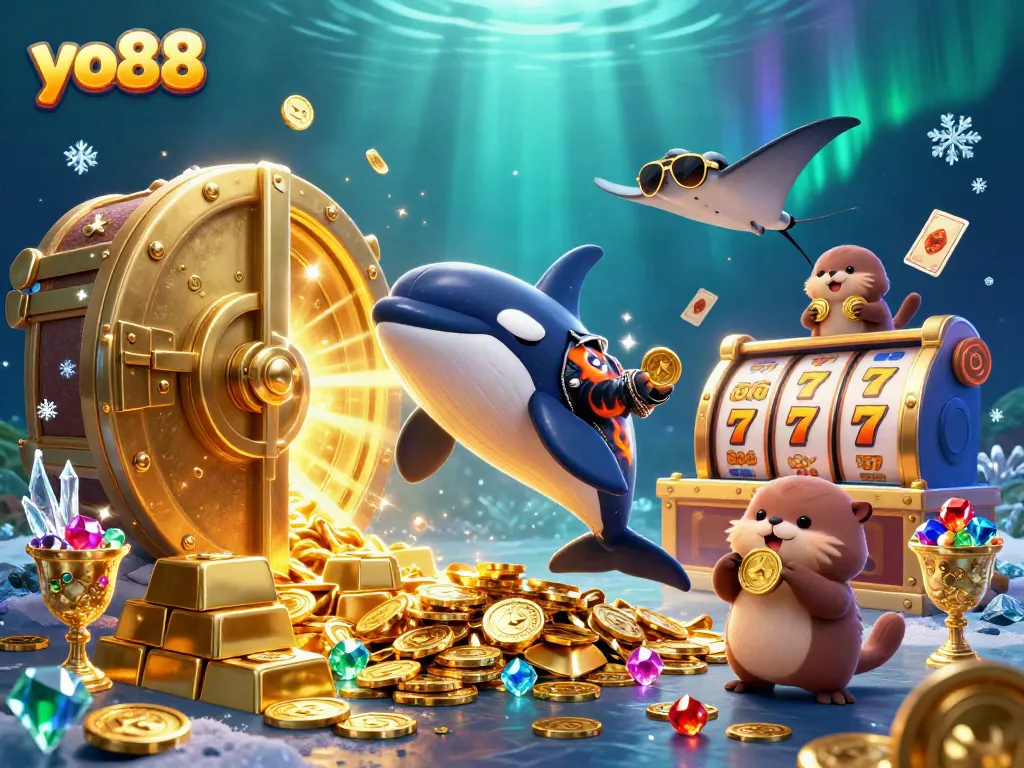 Yo88 family of sea otters and an orca whale celebrating with gold coins and casino elements.