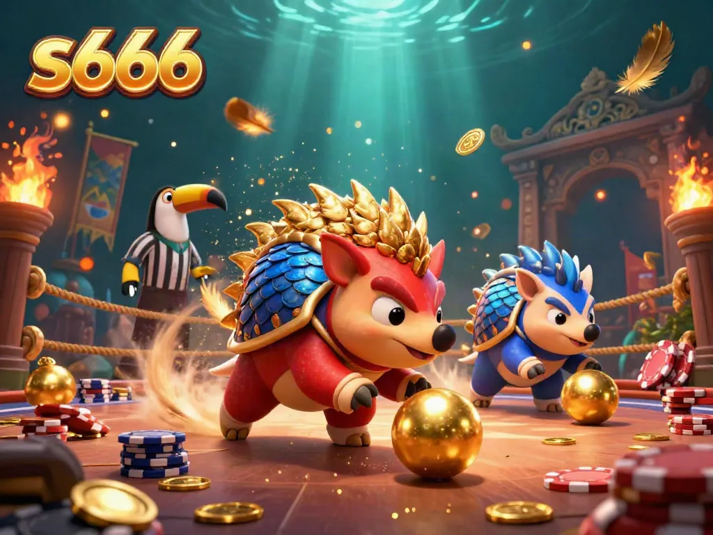Engage with the vibrant s666 casino world where rival pangolins roll into golden balls amidst a festive scene.