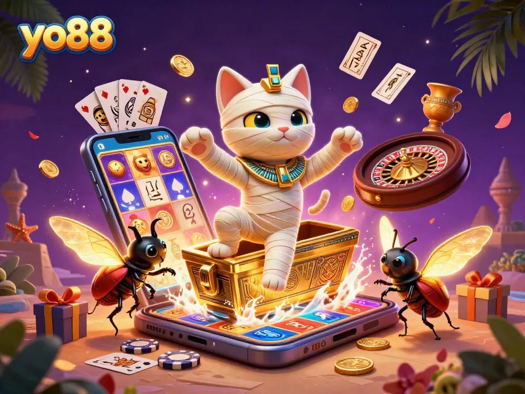 Join the adventure with yo88 in this dynamic casino-themed illustration featuring a mummy cat.