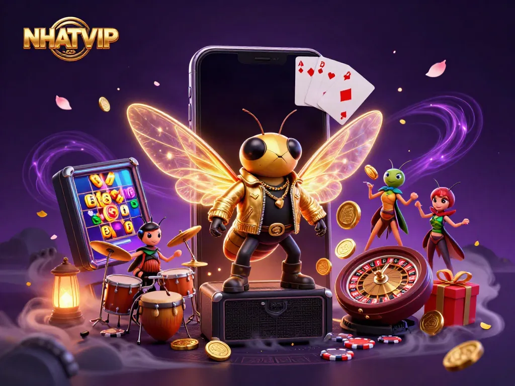 NhatVIP slots excitingly showcased with 3D lively characters in a vibrant casino atmosphere.