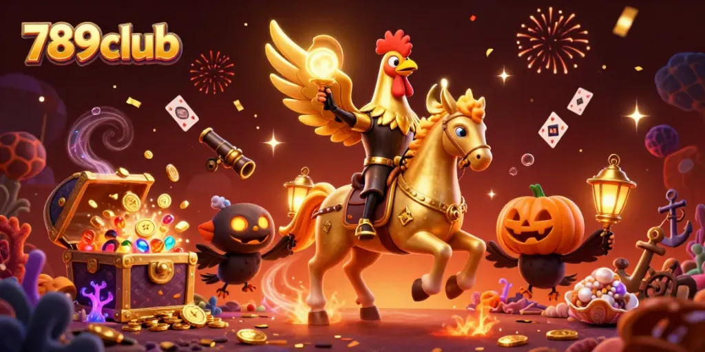 Join the excitement with 789club as golden rooster characters navigate a vibrant casino scene!