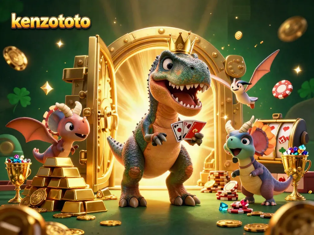 Kenzototo showcases a vibrant 3D casino scene with characters shuffling cards and stacking chips amid golden treasures.