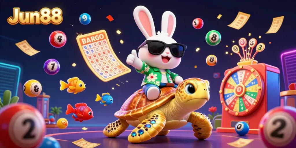 Join the excitement at Jun88 with a fun rabbit and golden turtle celebrating a lucky win.
