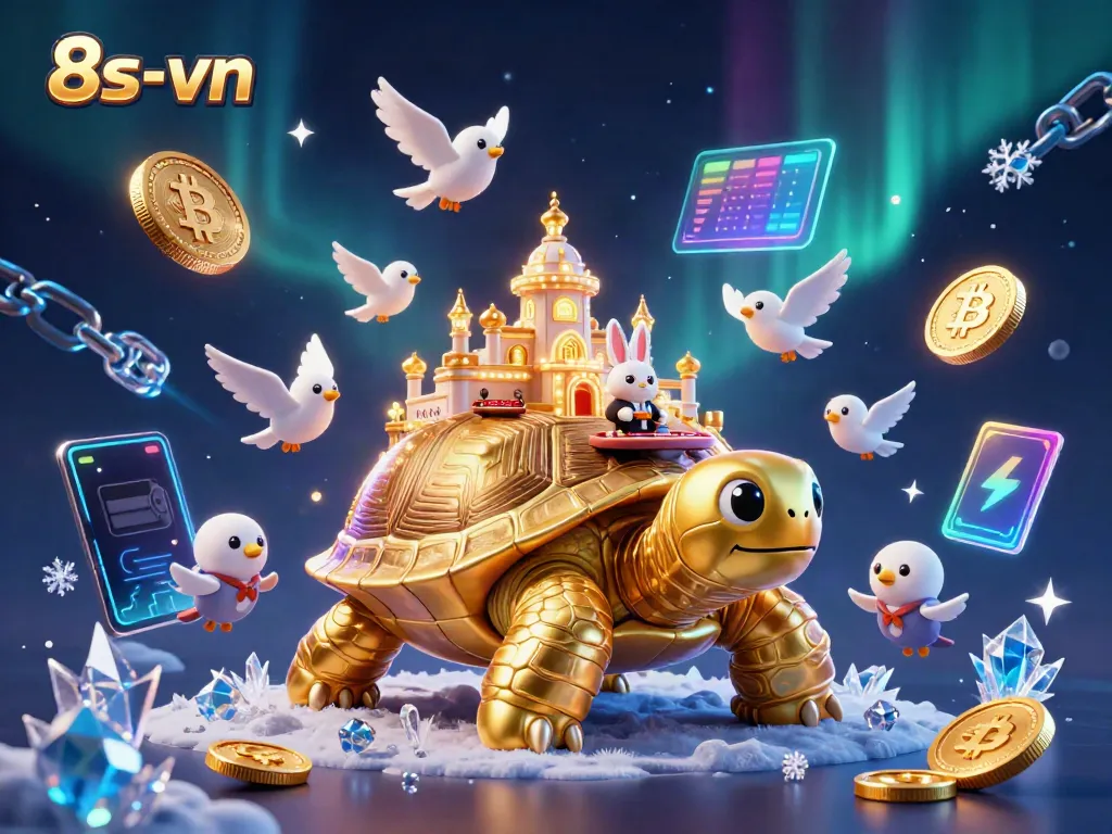 Experience the vibrant 8s-vn casino scene with a golden tortoise and dealer amidst dynamic gaming elements.