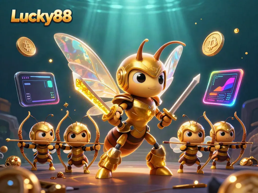 Engage with Lucky88, featuring a golden hornet in samurai armor and bee archers amidst dynamic crypto elements and casino games.