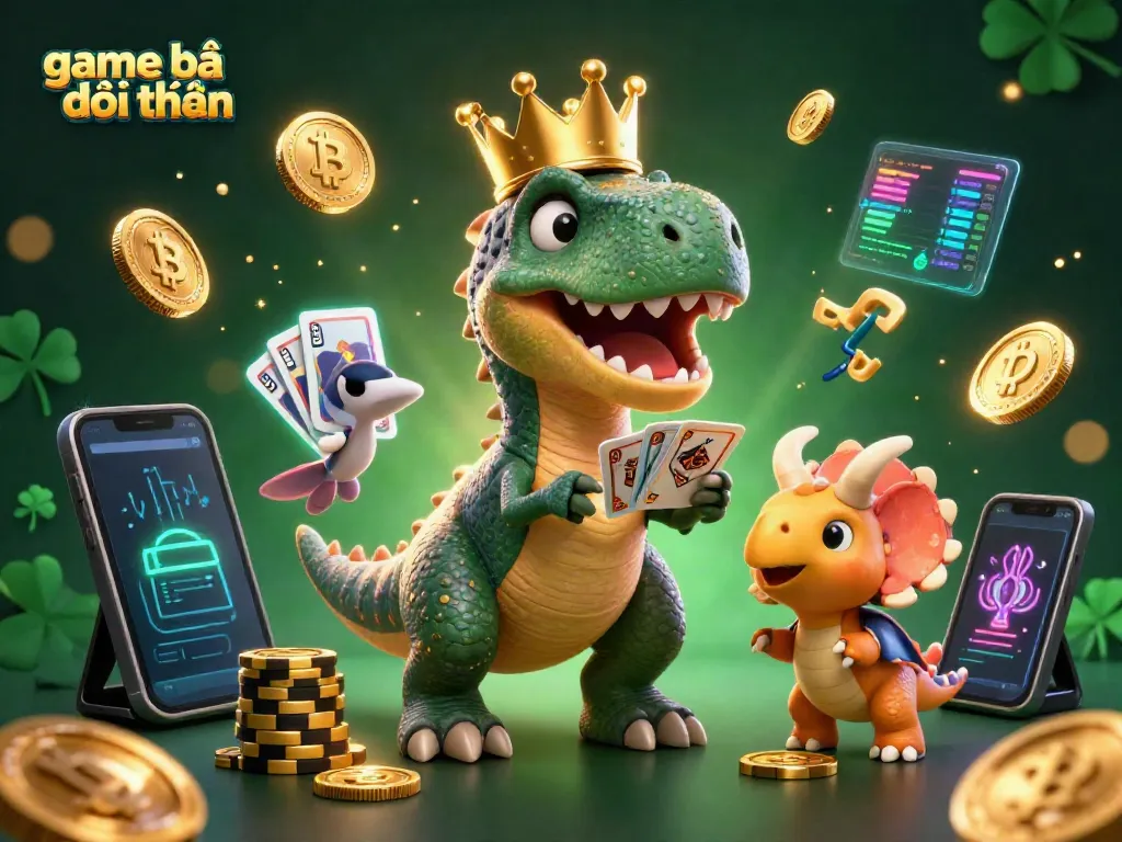Engage in game bài đổi thưởng with playful dinosaurs and vibrant gaming elements in a packed casino scene.