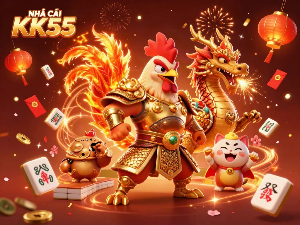 Engage with NHÀ CÁI KK55's electrifying experience featuring a fighting rooster and dragon in a vibrant casino scene.
