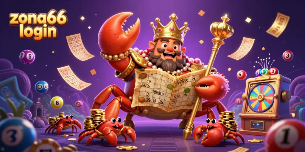 Experience excitement with zona66 login as animated lottery elements and a royal crab emperor create a vibrant casino atmosphere.