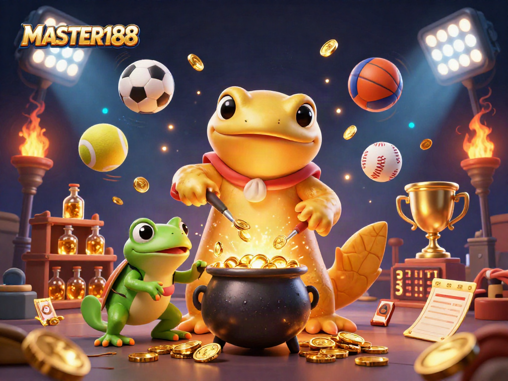 Engage with MASTER188 through a dynamic sports-themed casino scene showcasing gold transmutation and vibrant game elements.