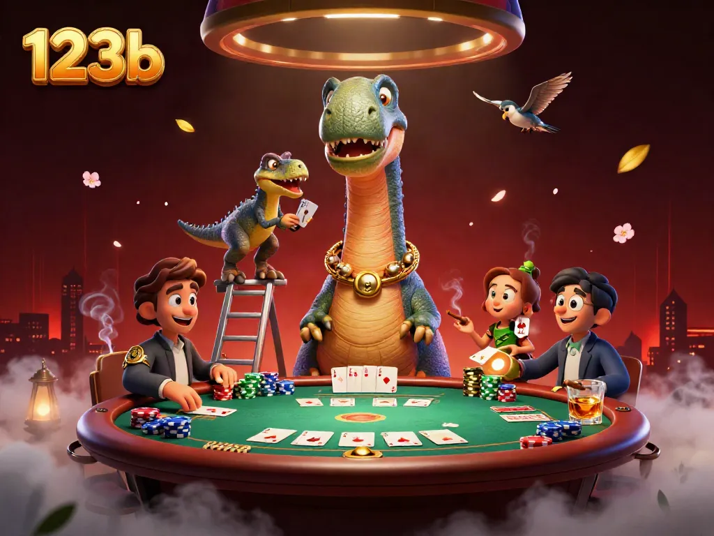 Join the excitement at 123b with a captivating scene of a giant brontosaurus overseeing a dynamic poker game.
