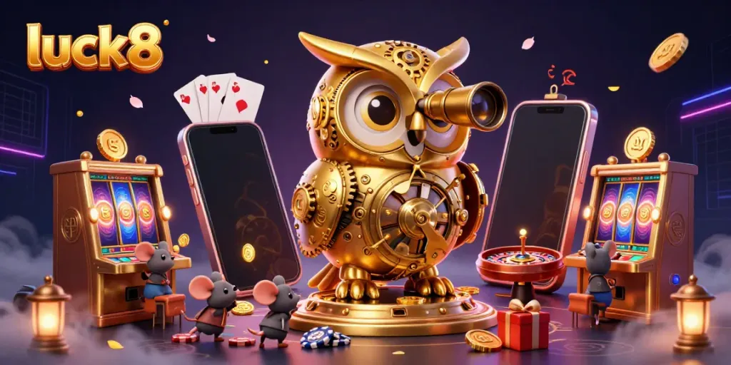 Engage in thrilling gameplay at luck8 with a dynamic casino scene showcasing colorful slot games and vibrant characters.