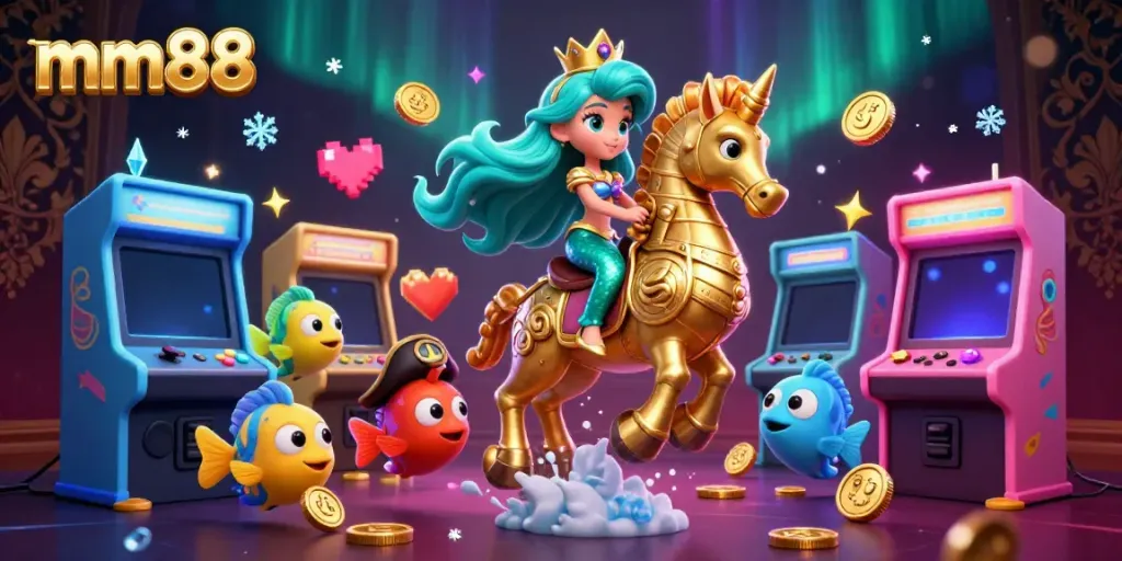 Experience thrilling gaming adventures with mm88 as colorful characters navigate a magical underwater casino landscape.