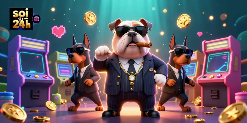 Engage with the thrilling action of soi cầu 24h as a cartoon mafia bulldog leads two bodyguards in a vibrant casino atmosphere.