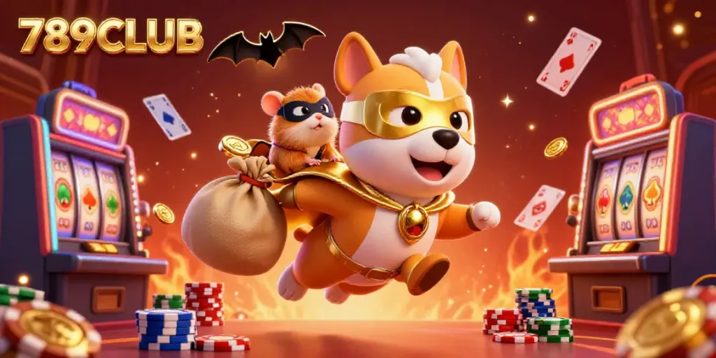 Experience the thrill of 789CLUB with a dynamic illustration of a superhero dog, coins, and casino games.